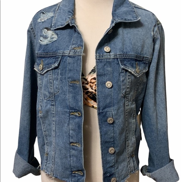 Kensie destroyed jean jacket, somewhat cropped, new, small - Picture 1 of 13
